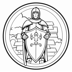 a standing knight holding a shield a cross is featured in the center of the shield