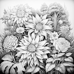 large floral mandala with garden behind it