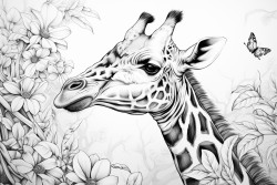 a giraffe feeding on leaves in the jungle while birds are flying up in the sky