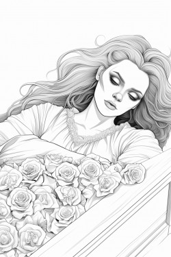 vampire in flowing white gown looking at viewer lying in coffin filled overflowing with white roses