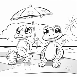 kawai cartoon frogs at beach scene