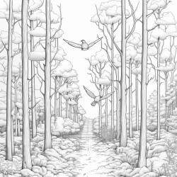 forest with a walking path a bird in the trees