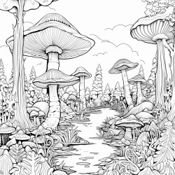 trippy magical forrest with mushrooms