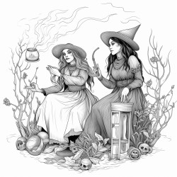 black witches lighting herbs and smoking full body with creepy background