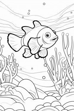 a vibrant clownfish swimming among colorful coral reefs and sea anemones with bubbles rising around it