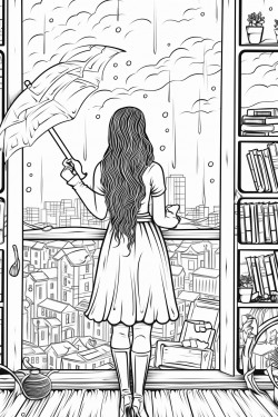 raining standing girl back window bookshelf coffee