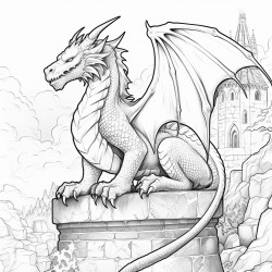 a dragon sitting on a stone wall breathing fire