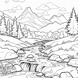 summer mountain stream with fish fishing poles