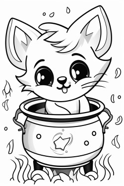 a cute cartoon cat stirring a cauldron underneath the moon and stars