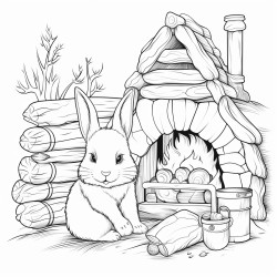 a cute rabbit curled up by a cozy fireplace with a stack of firewood nearby