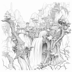 a dark waterfall cascading down jagged rocks surrounded by dead trees and crumbling statues