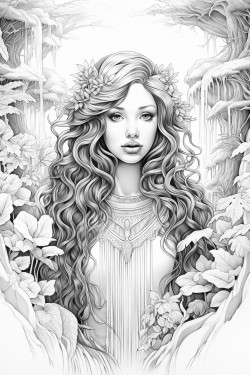 serene goddess surrounded by lush plants animals and flowing streams
