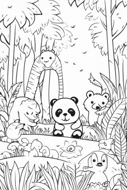 jungle with jungle animals and a panda soft edged cottagecore