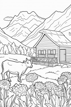 switzerland landscape with a quaint stone house surrounded by flowers and a wild goats graze in lavender fields