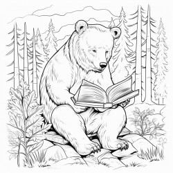 bear reading books in the forest
