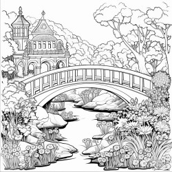 a whimsical garden with lots of flowers and trees and a pond and a bridge in the middle