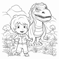 grandma and grandson with dinosaurs in background
