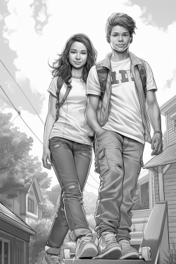 young boy and young girl skateboarding in the street