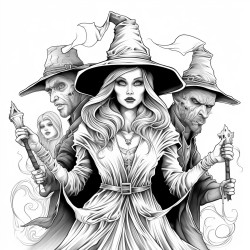 short female witch surrounded by three tall guys dressed in classic horror costumes