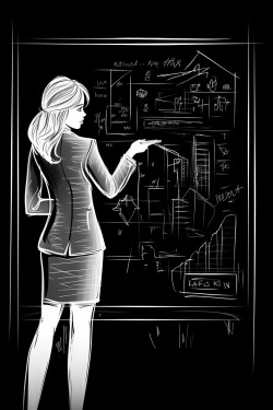 a woman in a business suit draws on a chalkboard with a crayon