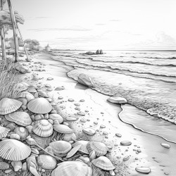 a sunset at the beach with sea shells