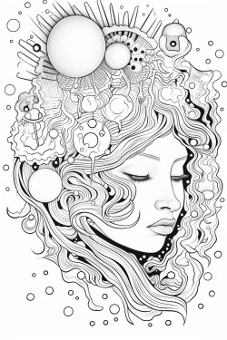 a face that has planets coming out of the top of the head