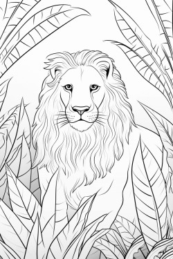 a lion in front of philodendron leaves palm leaves banana leaves