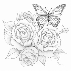 create a blackandwhite coloring page of blooming roses with bold defined petals include butterflies hovering or landing on the roses keeping their wings detailed but simple with bold lines ensure the design is elegant and clear with ample open spaces for easy coloring