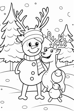 christmas snowman with deer in the christmas forest