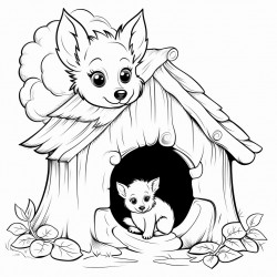 cute little dog inside a tiny house inside of a tree