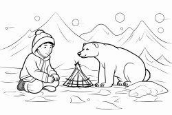 inuit boy kneels by pile of amber and sun in sky with northern lights polar bears too tipi in background