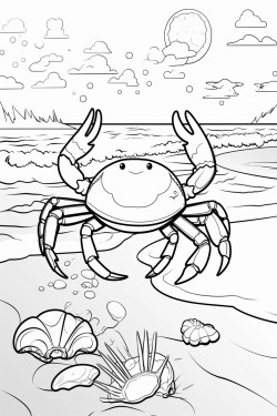 a crab holding a seashell on the beach with waves