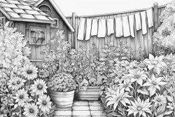 quilts hanging on the line in a flower garden