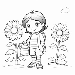 a little girl in a garden holding a sun flower with a gaint bee on it