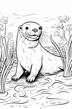 giant river otter playing in the water with its sleek body and joyful expression surrounded by river plants and fish