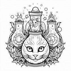 evil eye cauldron cat moon phase herbs potion bottles protection symbols triple moon