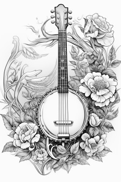 image of a banjo in a coloring book page