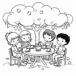 three girls and two boys having a tea party under a meatball tree