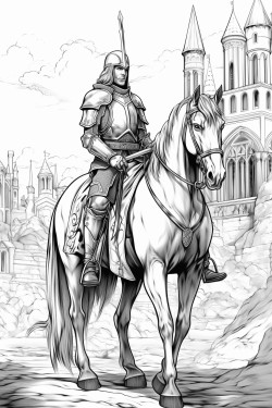 medieval knight in a fantasy setting on horse with sword and shield