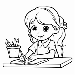 a girl sitting in a desk with a pencil in her hand