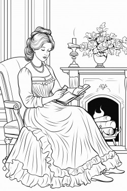 a beautiful victorian woman in her 20s reading a book by a fireplace