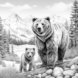 a beautiful grizzly bear and cub with a mountain range in the backround