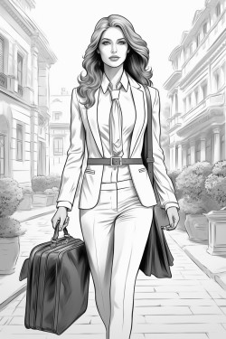 business girl without a face in a business suit carries a briefcase holds documents in her hand