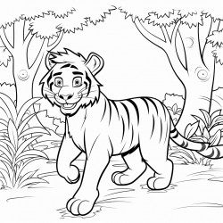 a tiger walking in a pathway outline lineart coloring book 2d cartoon character