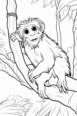cottontop tamarin leaping between branches in a jungle with tall trees and hanging vines in the background