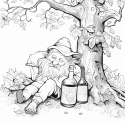 drunkyard gnome with a bottle of vine sleeping under a tree