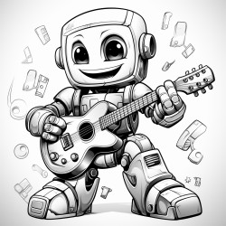 smiling robot playing guitar