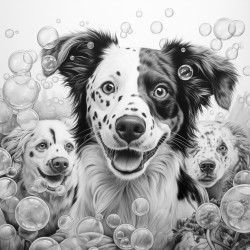 dogs playing with owner surrounded by bubbles