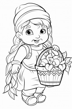 cute dwarf little girl carrying a basket of blueberries