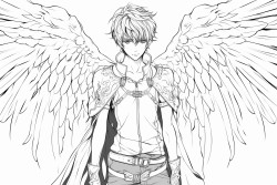 teenage anime boy with sparrow bird wings full body
